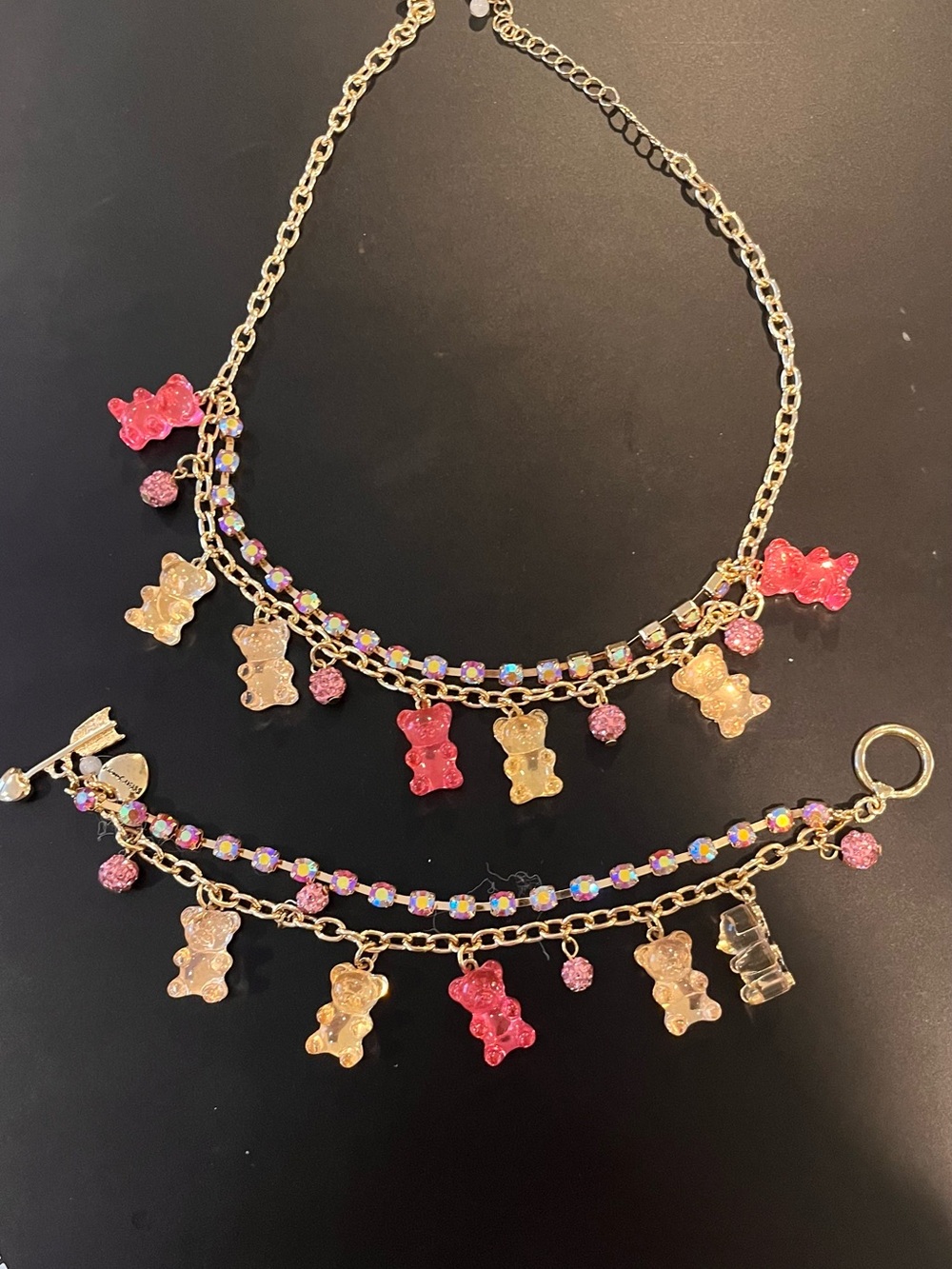 Betsy Johnson Gold Charm Bracelet and Necklace with Pink and Clear Gummy Bears